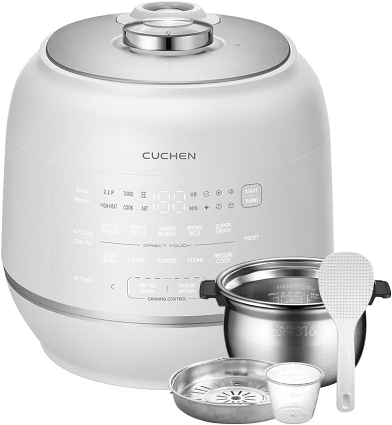 Cuchen IH Pressure Rice Cooker 6 Cup - 2.1 Bar Ultra High-Pressure Cooker for Multi-Grain & White Rice - 316Ti Stainless Steel Inner Pot, Induction Heating, Made in Korea, White, CRT-RPD0610IEWUS