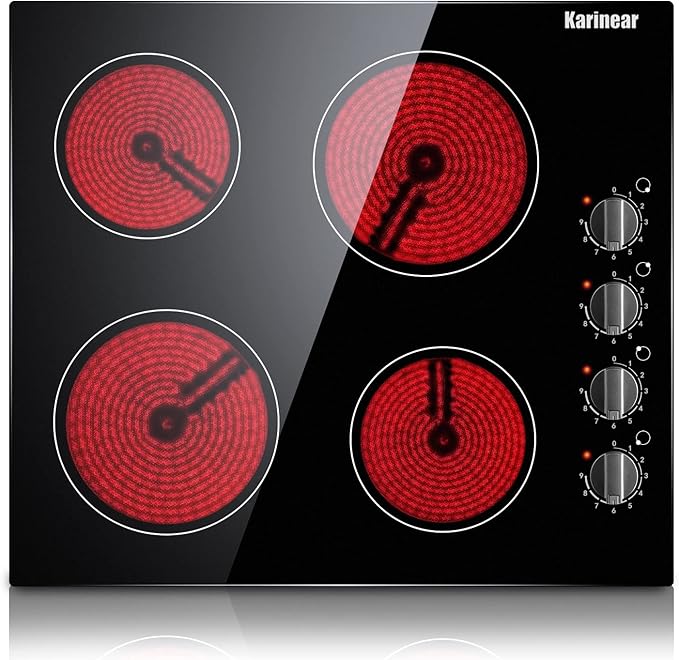 Karinear 4 Burner Electric Cooktop 24 Inch, Built-in Stove Top, 220-240v Radiant Cooktop with Knob Control, Residual Heat Indicator, Fits Most Existing Cutouts, Hard Wire(No Plug)