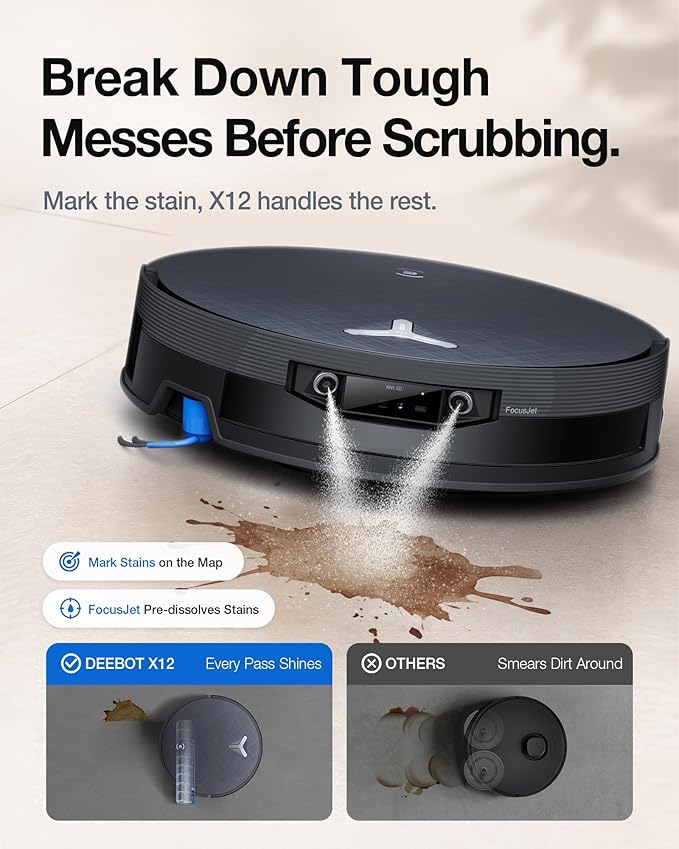 ECOVACS DEEBOT X12 PRO Omni Robot Vacuum and Mop, 22000Pa Suction, FocusJet Pre-Spray, Bagless Dust Station, OZMO Self-Washing Mop, TruEdge Cleaning, ZeroTangle, Perfect for Pet Hair & Carpets