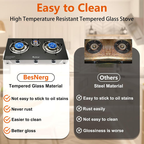 3 Burner Propane Gas Stove with Auto Ignition, 34000 BTU High-Efficiency Heavy-Duty Tempered Glass Cooktop, CSA Regulator & Hose Included, for Outdoor Camping Emergency
