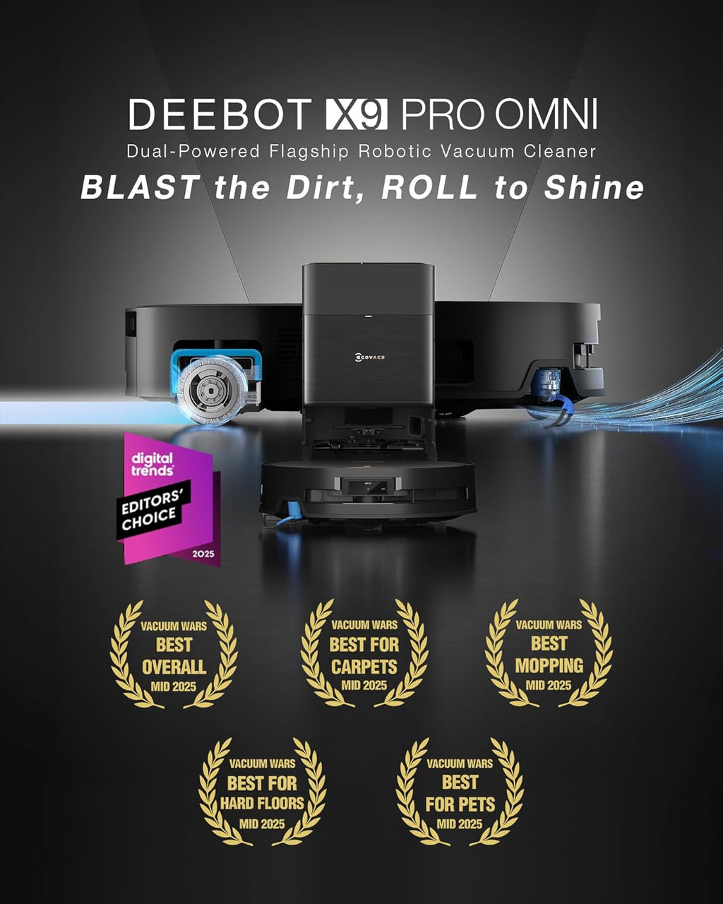 ECOVACS DEEBOT X9 PRO Omni Robot Vacuum and Mop, 16,600Pa Suction, Instant Roller Mop, ZeroTangle 3.0, Auto Mop Lift, AI Navigation, Self-Empty Station, Perfect for Pet Hair, Carpets & Hard Floors