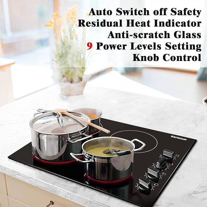 Karinear 4 Burner Electric Cooktop 24 Inch, Built-in Stove Top, 220-240v Radiant Cooktop with Knob Control, Residual Heat Indicator, Fits Most Existing Cutouts, Hard Wire(No Plug)