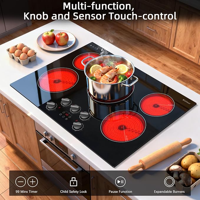 Karinear Electric Cooktop 30 Inch, Knob Control 5 Burner Radiant Stovetop | Fits Most Existing Cutouts, 8500W High Power, 240V Built-in Stove Top, Timer, Child Lock, Pause, Works with Most Cookware