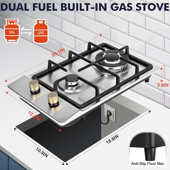 Llamaviva Gas Stove 12 Inch, Propane Cooktop 2 Burner, Portable Gas Cooktop Stainless Steel, Dual Fuel LPG/NG Convertible with Thermocouple Safety Protection