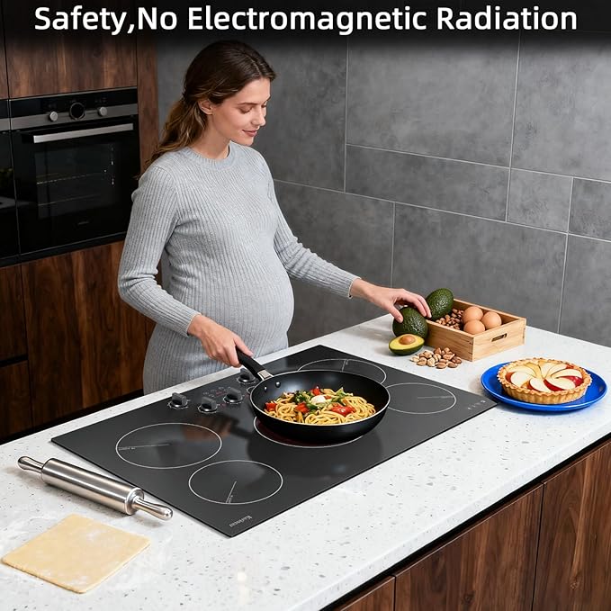 Karinear Electric Cooktop 30 Inch, Knob Control 5 Burner Radiant Stovetop | Fits Most Existing Cutouts, 8500W High Power, 240V Built-in Stove Top, Timer, Child Lock, Pause, Works with Most Cookware