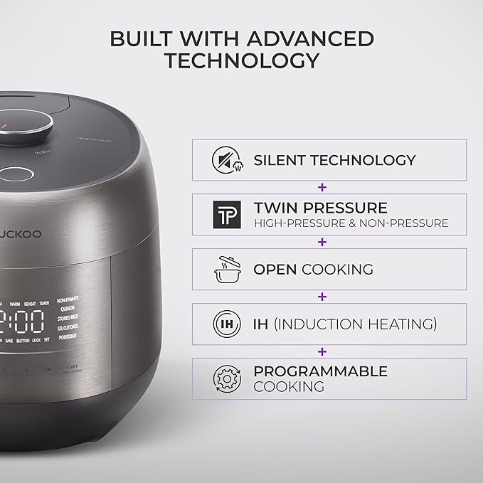 CUCKOO Twin Pressure Rice Cooker 6-Cup Uncooked / 12-Cup Cooked with Induction Heating Technology, Silent Pressure System, Open Cooking Mode, Dynamic Display, Eco Inner Pot, Gray (CRP-PHTR0609FS)