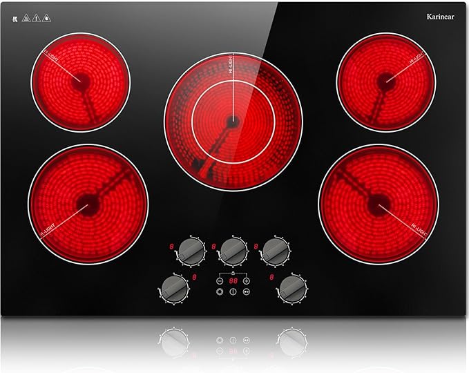 Karinear Electric Cooktop 30 Inch, Knob Control 5 Burner Radiant Stovetop | Fits Most Existing Cutouts, 8500W High Power, 240V Built-in Stove Top, Timer, Child Lock, Pause, Works with Most Cookware