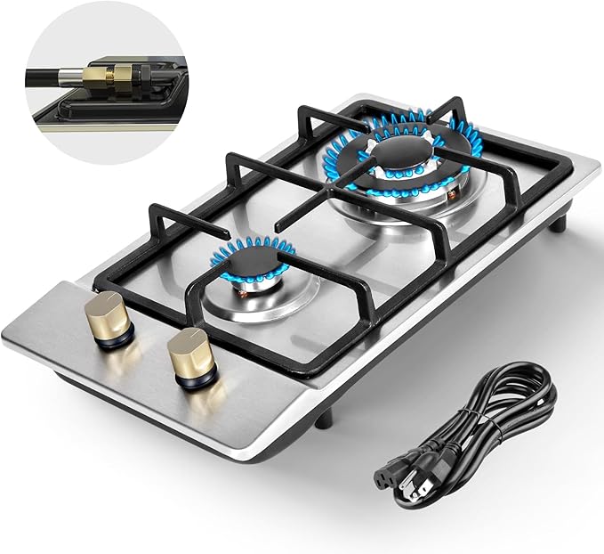 Llamaviva Gas Stove 12 Inch, Propane Cooktop 2 Burner, Portable Gas Cooktop Stainless Steel, Dual Fuel LPG/NG Convertible with Thermocouple Safety Protection