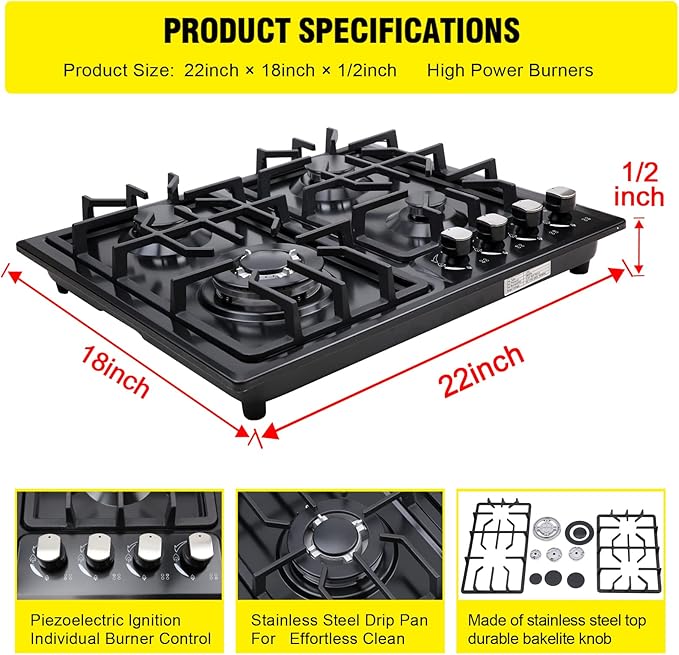 FORIMO Gas Cooktop 22Inch，Built in Gas Cooktop 4 Burners Stainless Steel Stove with NG/LPG Conversion Kit Thermocouple Protection and Easy to Clean
