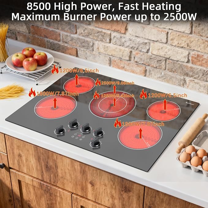 Karinear Electric Cooktop 30 Inch, Knob Control 5 Burner Radiant Stovetop | Fits Most Existing Cutouts, 8500W High Power, 240V Built-in Stove Top, Timer, Child Lock, Pause, Works with Most Cookware