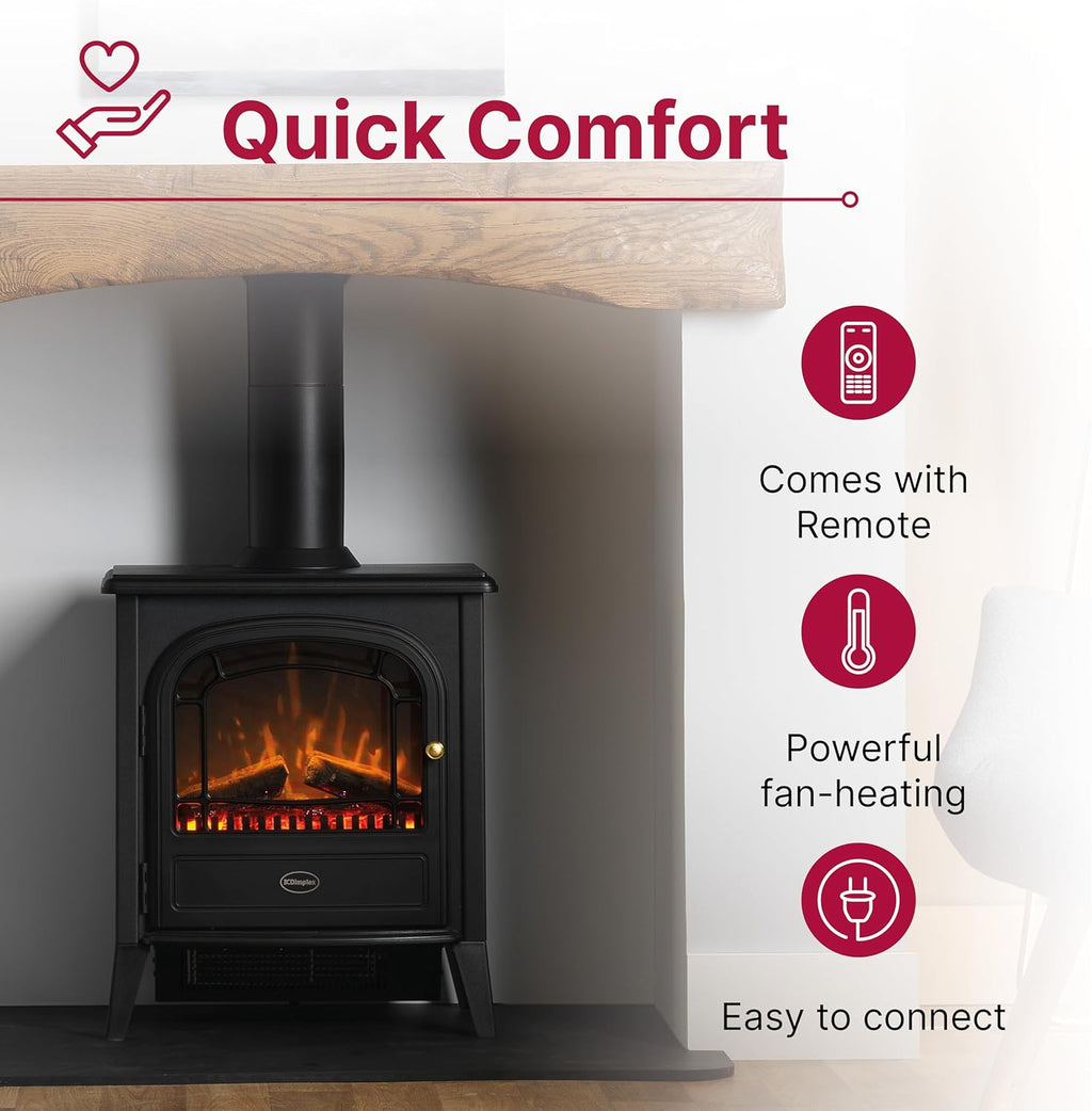 Dimplex Club Optiflame Electric Stove, Freestanding Electric Fire with Artificial Logs, LED Flame Effect, 2kW Fan Heater, 1000/2000 Watt Heat Settings and Remote Control