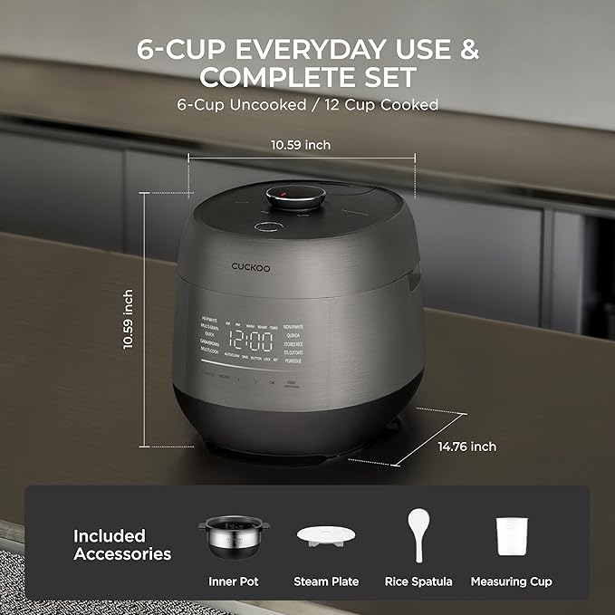 CUCKOO Twin Pressure Rice Cooker 6-Cup Uncooked / 12-Cup Cooked with Induction Heating Technology, Silent Pressure System, Open Cooking Mode, Dynamic Display, Eco Inner Pot, Gray (CRP-PHTR0609FS)