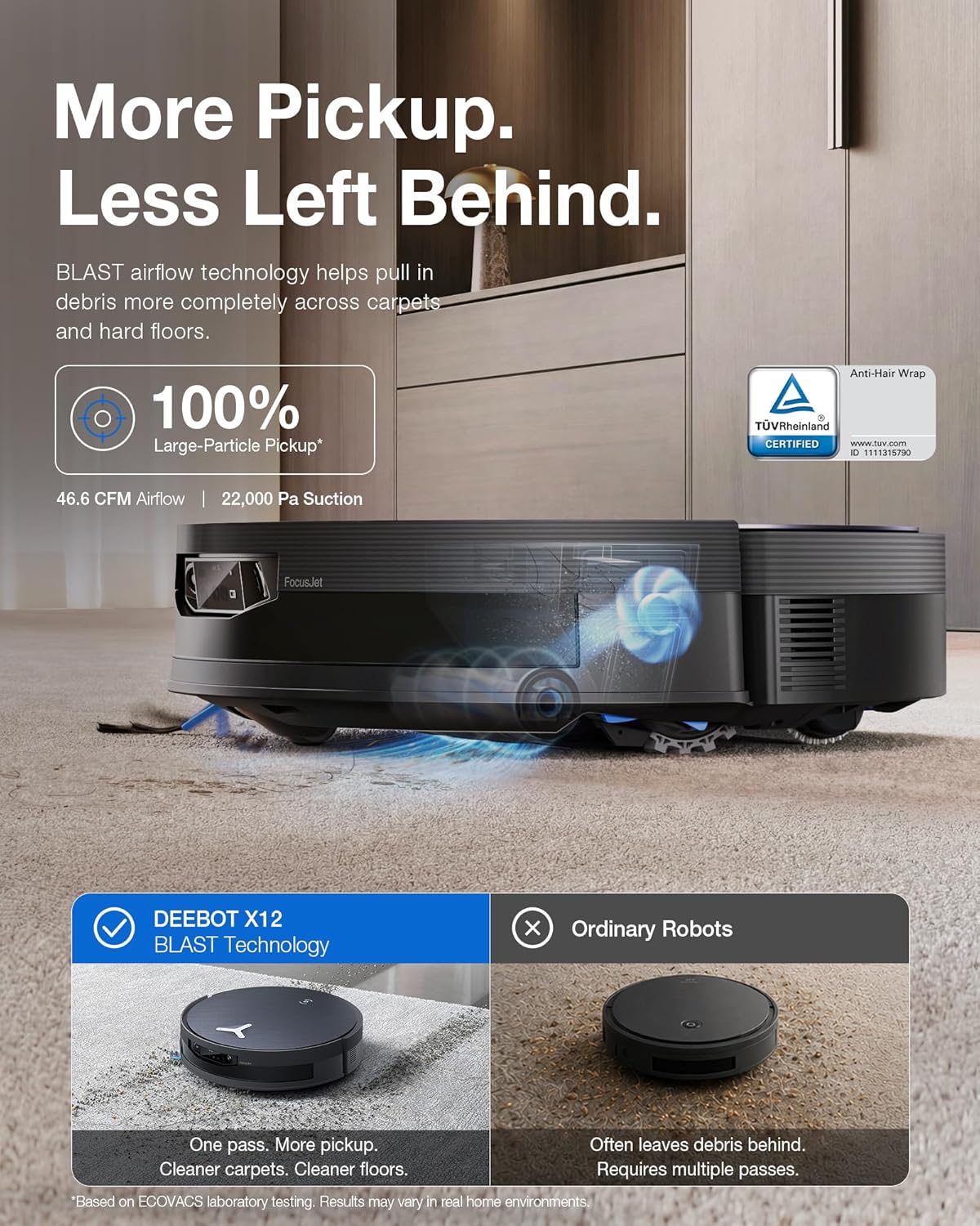 ECOVACS DEEBOT X12 OMNICYCLONE Robot Vacuum and Mop, FocusJet Pre-Spray, Bagless Station, OZMO Roller Instant Self Washing, Blast 22000Pa Suction, ZeroTangle, PowerBoost Charging for Large House